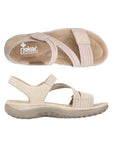 Top and side views of beige Women's Rieker 64870 Backstrap Sandal showing ergonomic footbed and secure hook-and-loop closures.
