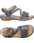 Pair of Blue Backstrap Leather Sandals with Velcro split style straps, tan Rieker logo'd footbed and brown outsole.