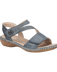Blue Backstrap Leather Sandal with Velcro split style straps, tan Rieker logo'd footbed and brown outsole.