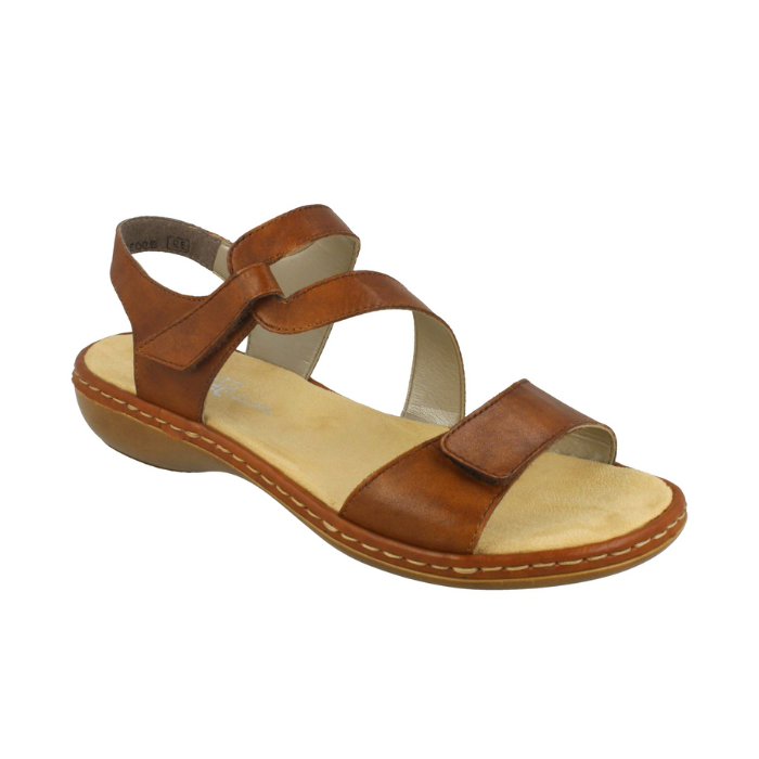 Brown leather Rieker 659C7 women's sandal featuring Velcro straps and cushioned sole for all-day comfort and support.