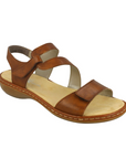 Brown leather Rieker 659C7 women's sandal featuring Velcro straps and cushioned sole for all-day comfort and support.
