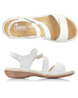 Top and side view of white Rieker 659C7 sandal with ergonomic footbed and adjustable Velcro straps for women.