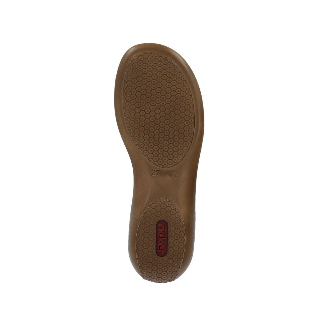 Bottom view of Rieker 659C7 sandal outsole with textured grip and flexible rubber material for enhanced traction.