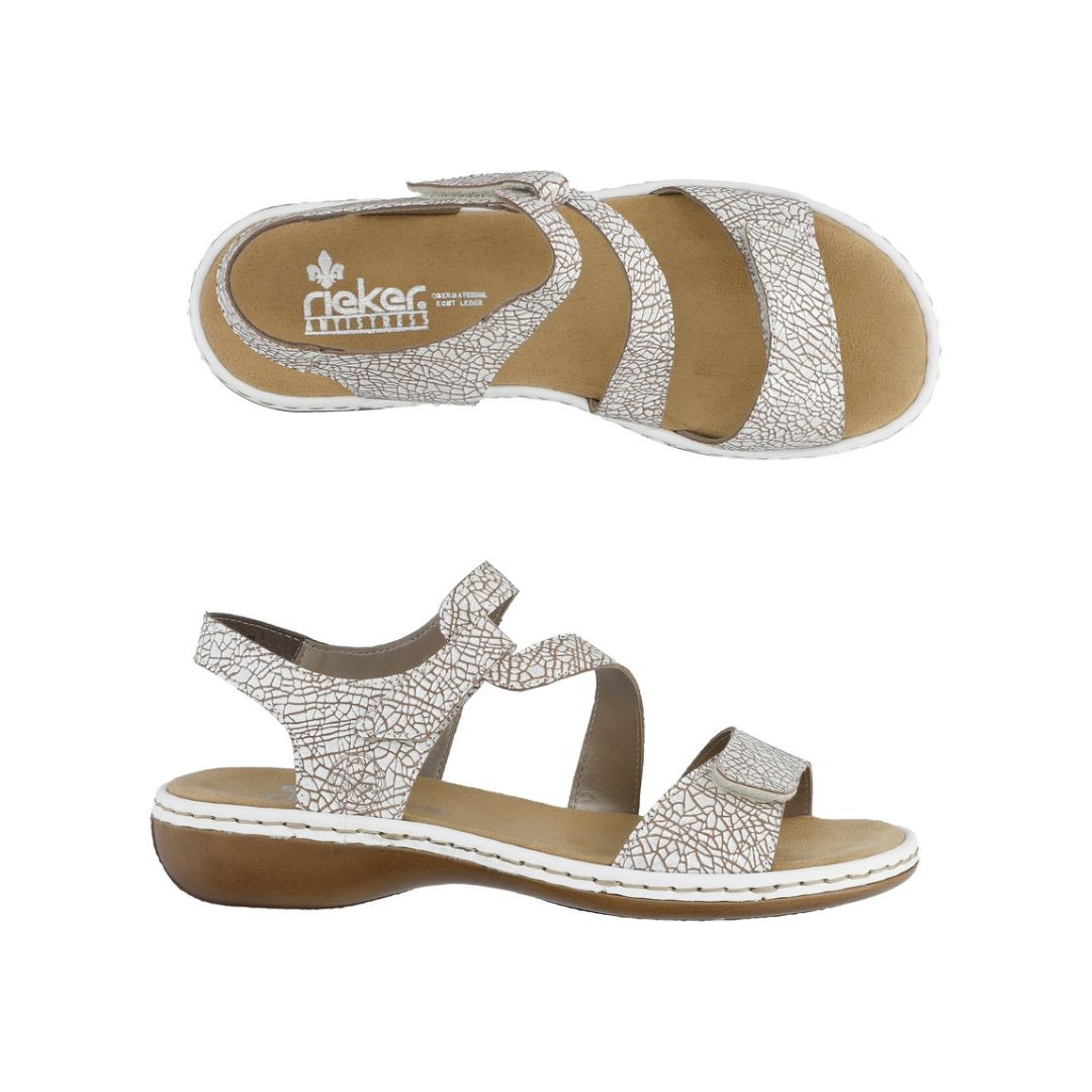 Top and side view of white crackle Rieker 659C7 sandal featuring leather upper, Velcro closure and flexible sole.