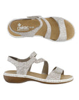 Top and side view of white crackle Rieker 659C7 sandal featuring leather upper, Velcro closure and flexible sole.