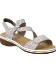 White crackle-texture Rieker 659C7 women's sandal with Velcro straps and cushioned footbed for stylish summer comfort.