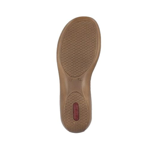 Bottom view of silver Rieker 659C7 sandal outsole with textured rubber grip for enhanced traction and durability.