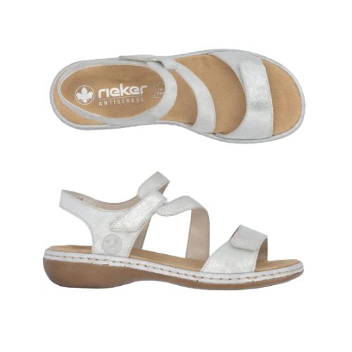 Top and side view of silver Rieker 659C7 sandal with metallic finish, Velcro straps and ergonomic footbed.