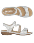 Top and side view of silver Rieker 659C7 sandal with metallic finish, Velcro straps and ergonomic footbed.