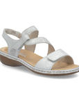 Silver metallic Rieker 659C7 women's sandal with Velcro straps and cushioned insole for stylish, supportive wear.