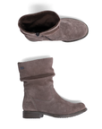 Pair of mid-calf boots in taupe brown suede, with a slouchy collar and a low block heel.