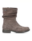 A mid-calf boot in taupe brown suede, with a slouchy collar and a low block heel.