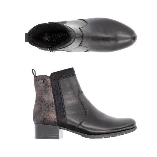 Top and side views of black Rieker 78658 ankle boots featuring smooth leather front and flexible sole for stylish everyday wear.