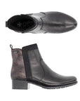 Top and side views of black Rieker 78658 ankle boots featuring smooth leather front and flexible sole for stylish everyday wear.