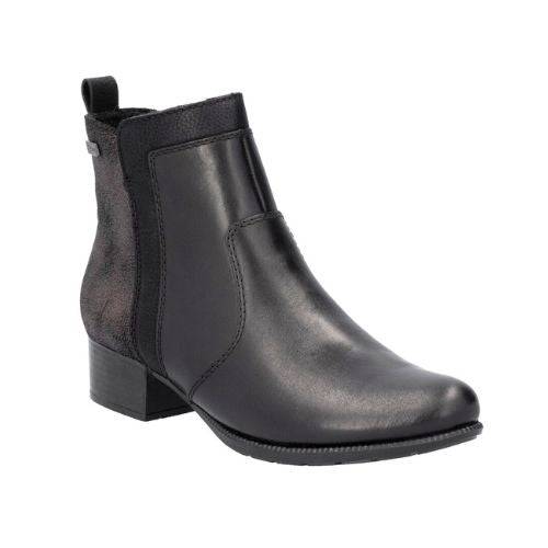Women's Rieker 78658 leather ankle boot in black with subtle textured heel panel and side zipper for easy wear and chic style.