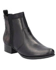 Women's Rieker 78658 leather ankle boot in black with subtle textured heel panel and side zipper for easy wear and chic style.