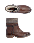 Side and top view of brown Rieker 79688 women's waterproof ankle boot featuring knit cuff and inner fleece lining for cold weather comfort.