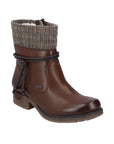 Women's Rieker 79688 waterproof ankle boot in brown with knit cuff and decorative rope, ideal for winter wear with flexible, lightweight design.