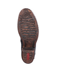 Brown rubber outsole of tall boot with red Rieker logo on heel.