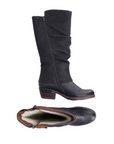 Tall black western inspired boot with low heel and outside zipper detail.