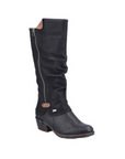 Tall black western inspired boot with low heel and outside zipper detail.