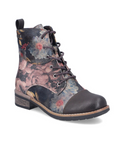 Floral patterned lace combat boot with low heel and black toe cap.