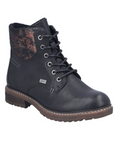 Black lace up boots with floral cuff inside zipper and a low heel.