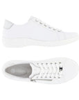Pair of Lace-up sneakers in white leather with side zipper, silver charm on bottom lace, grey Remonte labeled footbed and silver heel accent.