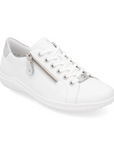 Lace-up sneaker in white leather with side zipper, silver charm on bottom lace and silver heel accent.