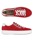 Top and side view of red Women's Rieker L59L1 Sneaker showcasing lace-up front, side zipper, and flexible sole for casual comfort.