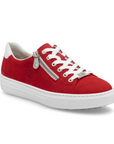 Women's Rieker L59L1 Sneaker in red with white sole and laces, featuring side zipper and cushioned shock-absorbing design.