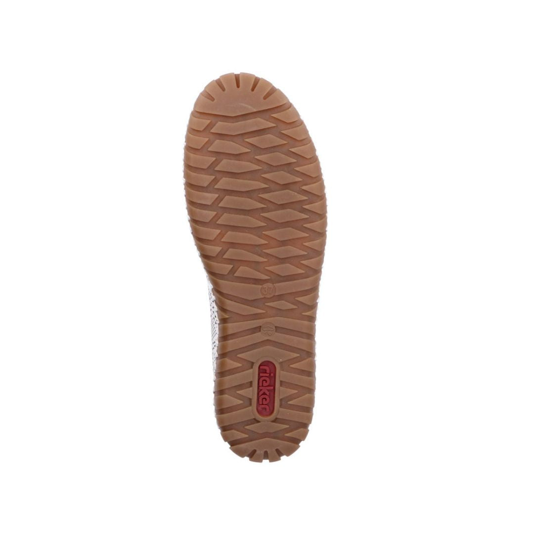 Outsole view of Rieker M2851 women's flat with durable, grippy brown tread for flexible and comfortable walking.