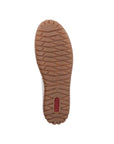 Outsole view of Rieker M2851 women's flat with durable, grippy brown tread for flexible and comfortable walking.