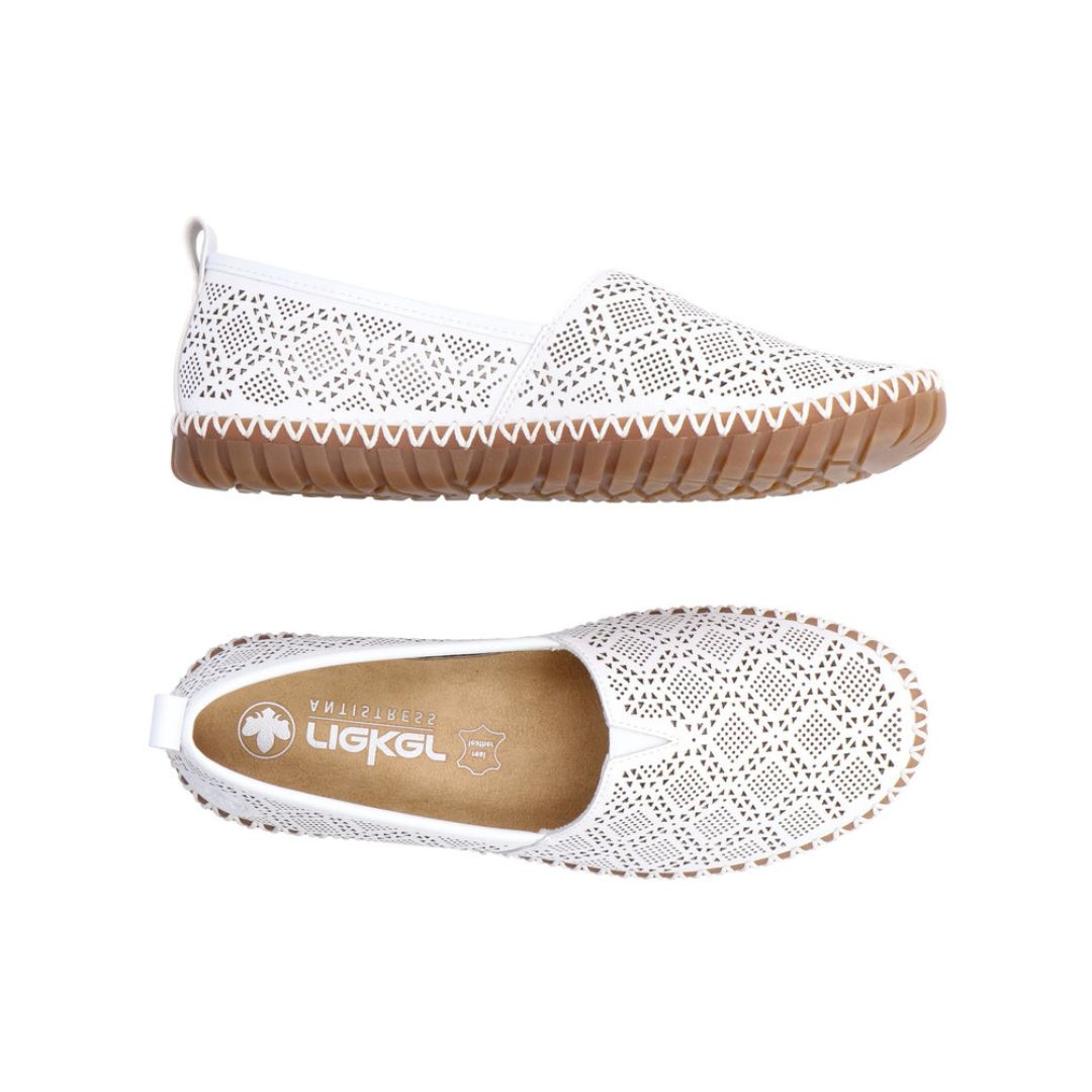 Top and side views of Rieker M2851 women's perforated leather flats, showcasing cushioned insole and slip-on design.