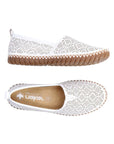 Top and side views of Rieker M2851 women's perforated leather flats, showcasing cushioned insole and slip-on design.
