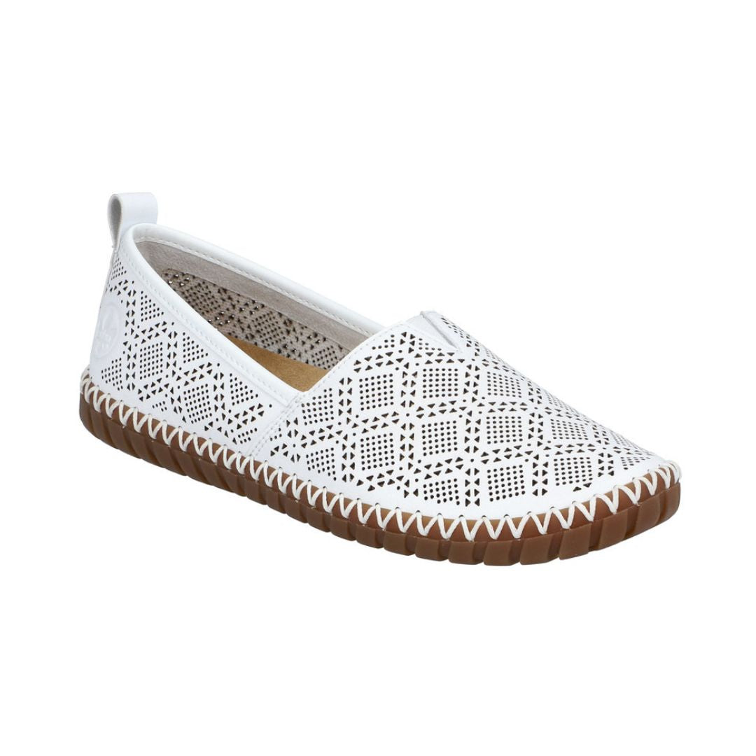 Women's Rieker M2851 perforated leather flat in white with brown flexible sole, ideal for lightweight summer wear.