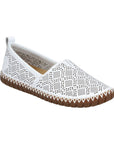 Women's Rieker M2851 perforated leather flat in white with brown flexible sole, ideal for lightweight summer wear.
