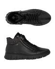 Pair of black ankle boots with dual zipper, black laces, black leopard print cuff and black light treaded outsole.