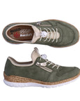 Top and side views of the Rieker N42G0 women's slip-on sneaker showing flexible leather upper, zipper detail, and comfort-focused design.