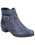 A Navy Rieker ankle boot with circle buckle detail and low black stacked heel.