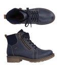 A pair of Rieker navy leather ankle boots with fabric cuff, tan accent stitching and rugged brown outsole.
