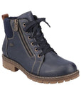 A Rieker navy leather ankle boot with fabric cuff, tan accent stitching and rugged brown outsole.