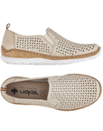 Pair of beige perorated slip-on shoes with tan Rieker logo'd footbed, faux cork midsole and white outsole.