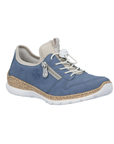 Blue slip-on sneaker with toggle elastic laces, beige cuff, decorative side zipper, faux cork midsole and white outsole.