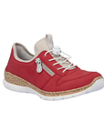 Red slip-on sneaker with toggle elastic laces, beige cuff, decorative side zipper, faux cork midsole and white outsole.