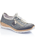 A light blue Rieker bungee cord slip-on sneaker with decorative circle perforations throughout upper, cork midsole and white outsole.
