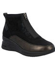 Black sneaker ankle boot with front zipper, bronze accent and black wedge outsole.