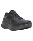 An all black leather walking sneaker with thick midsole and rocker, light treaded outsole.
