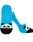 Women's No Show Socks in bright blue featuring a panda face and black toe.