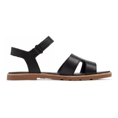 Side view of Women's Sorel Ella III Sandal showing sleek black leather straps and flat sole for all-day comfort and style.